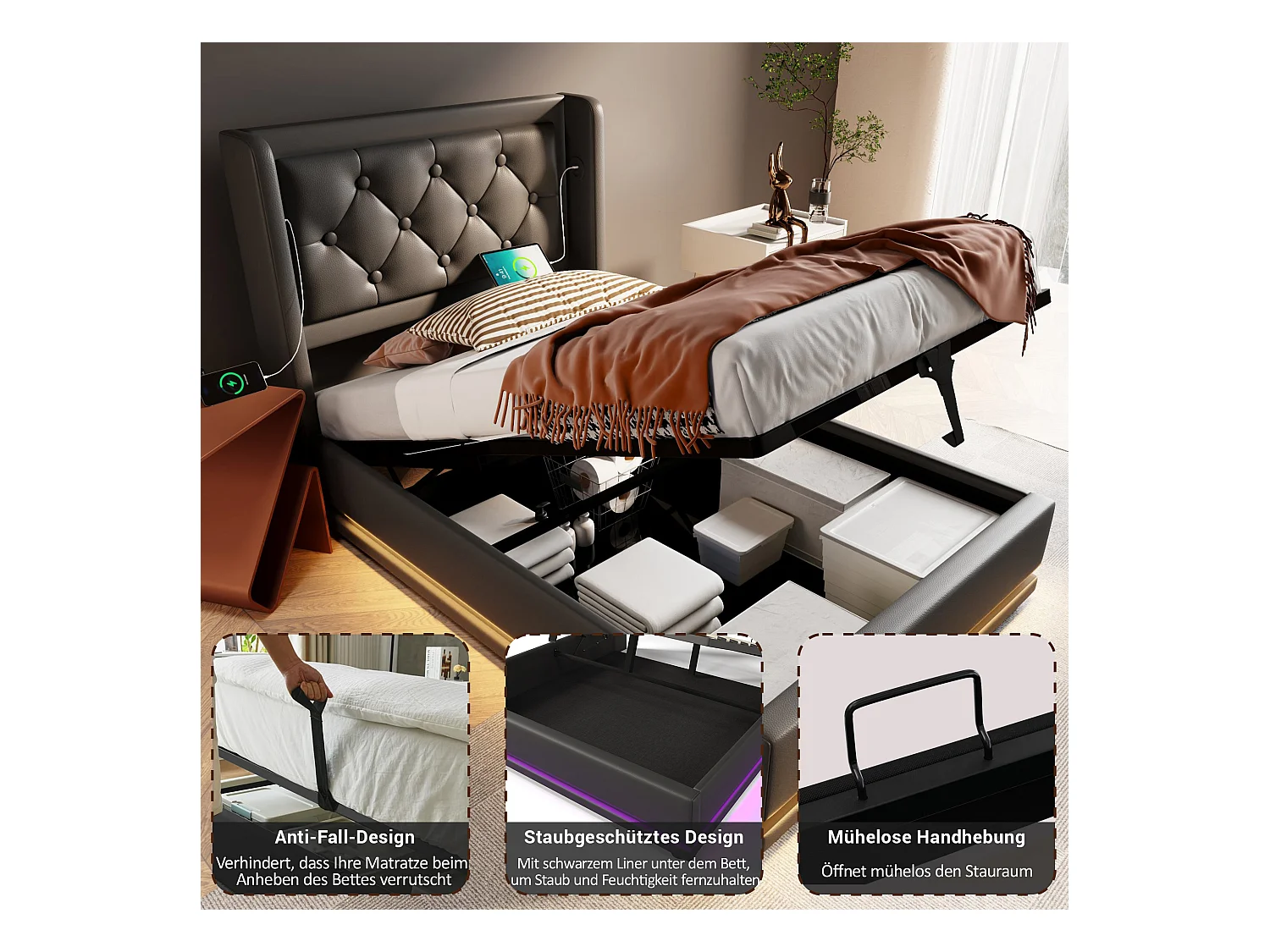 Lit coffre rembourré pour enfant - 90 x 200 cm - Matelas + Leds + Tête avec USB - Cuir PU - Noir
