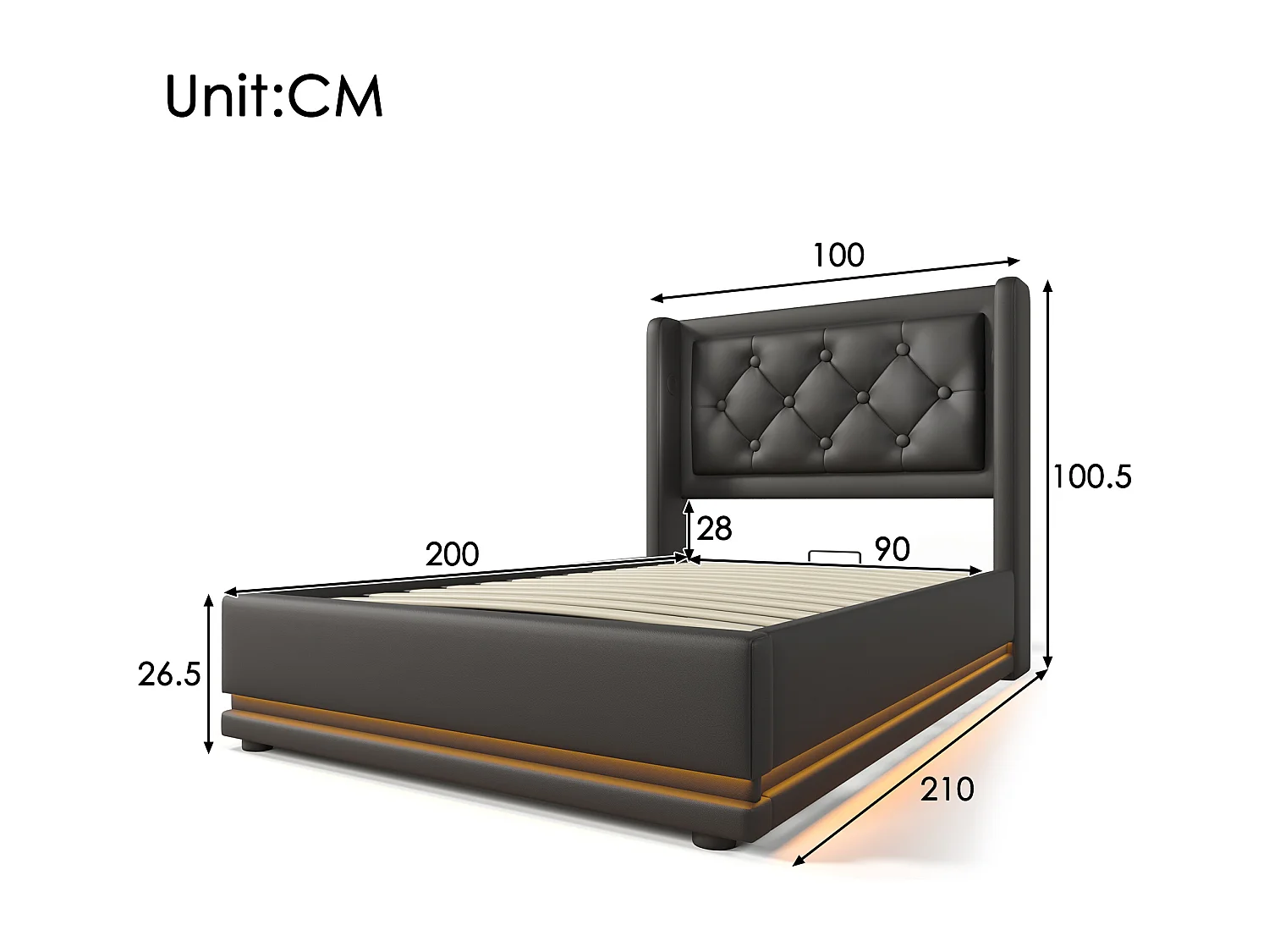 Letto contenitore imbottito per bambini - 90 x 200 cm - Materasso + Leds + Testiera con USB - Pelle PU - Nero