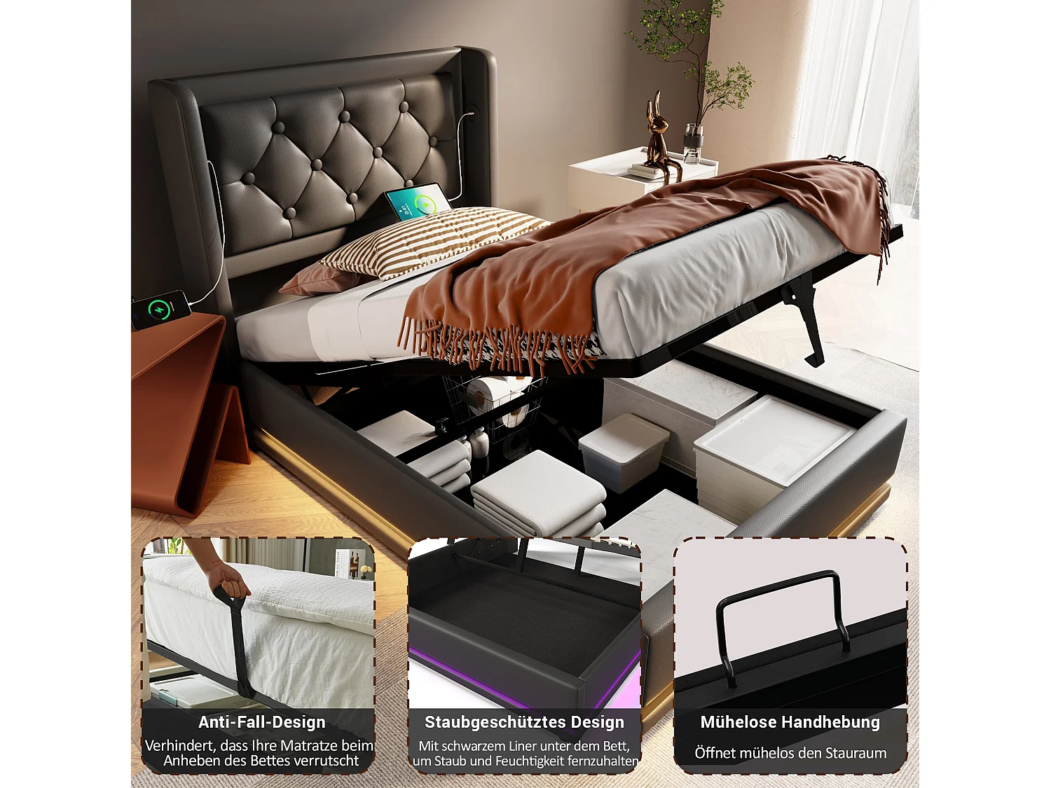 Letto contenitore imbottito per bambini - 90 x 200 cm - Materasso + Leds + Testiera con USB - Pelle PU - Nero