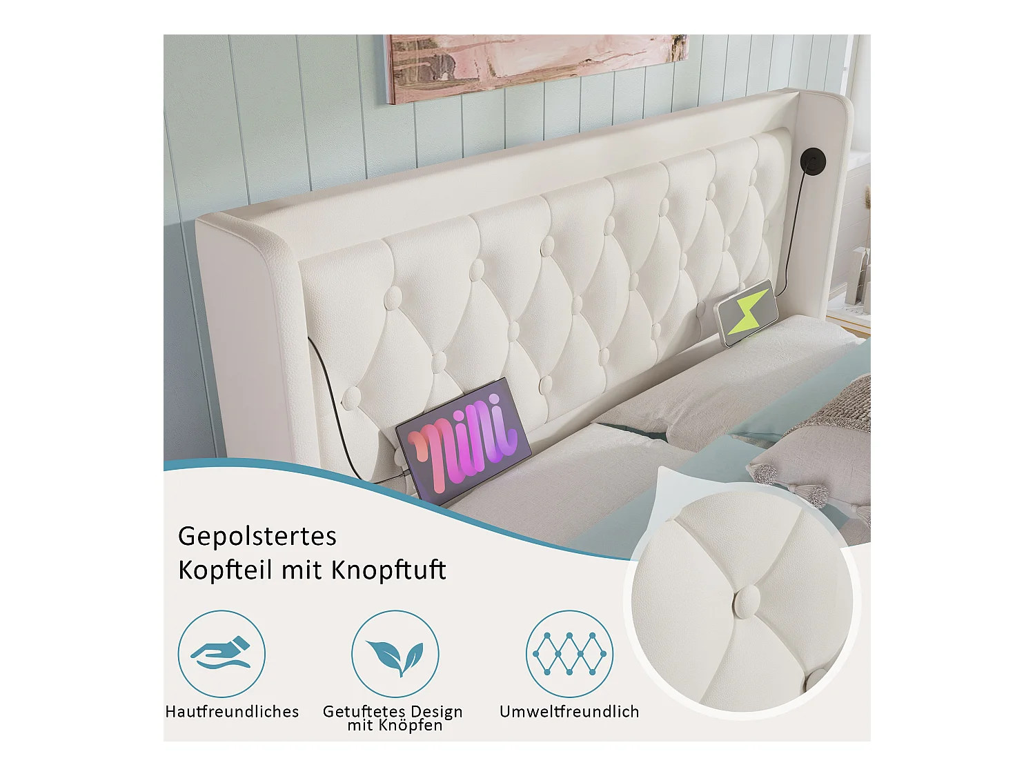 Cama doble tapizada con canapé - 140 x 200 cm - Colchón + Leds + Cabecero con USB - Piel sintética - Blanco