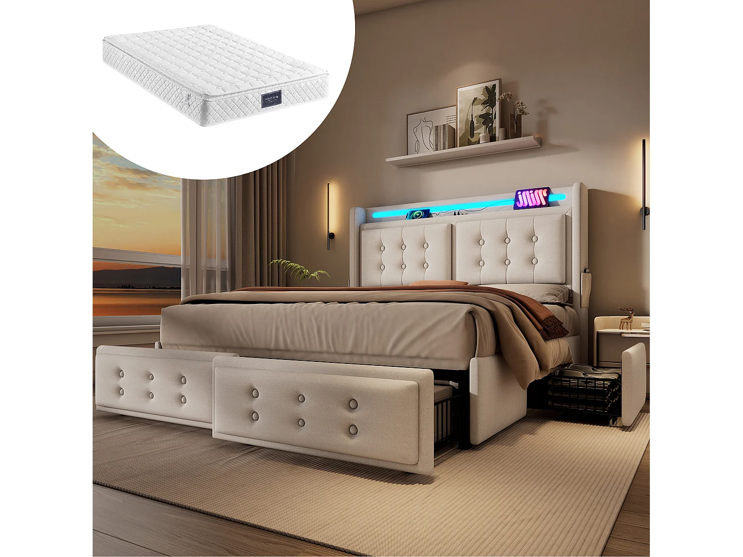 Cama de casal estofada com arrumação - 140 x 200 cm - Colchão + Leds + 4 gavetas + Cabeceira com USB - Tecido de algodão - Bege