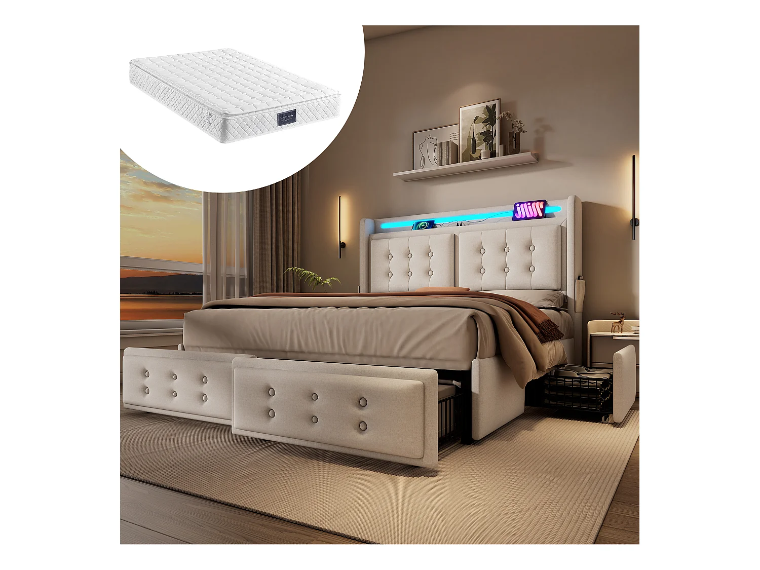 Lit coffre double rembourré - 140 x 200 cm - Matelas + Leds + 4 tiroirs + Tête avec USB - Tissu coton - Beige