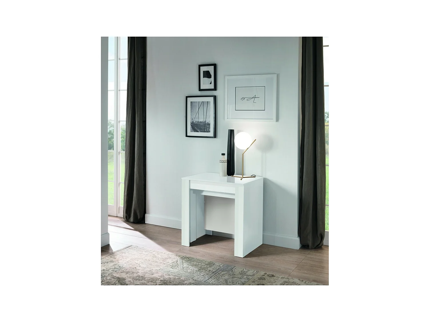 Ausziehbare Konsole, Kollektion NOSOL, Farbe glänzendes Weißlack, Maße 54x78cm.