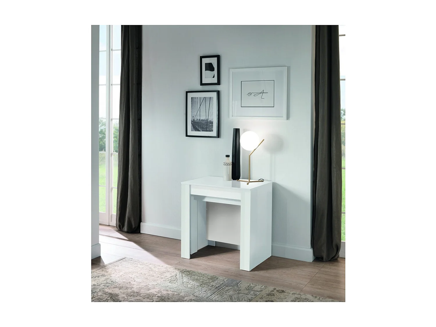 Console extensible, Collection NOSOL, couleur blanc laqué brillant, dimensions 54x78cm