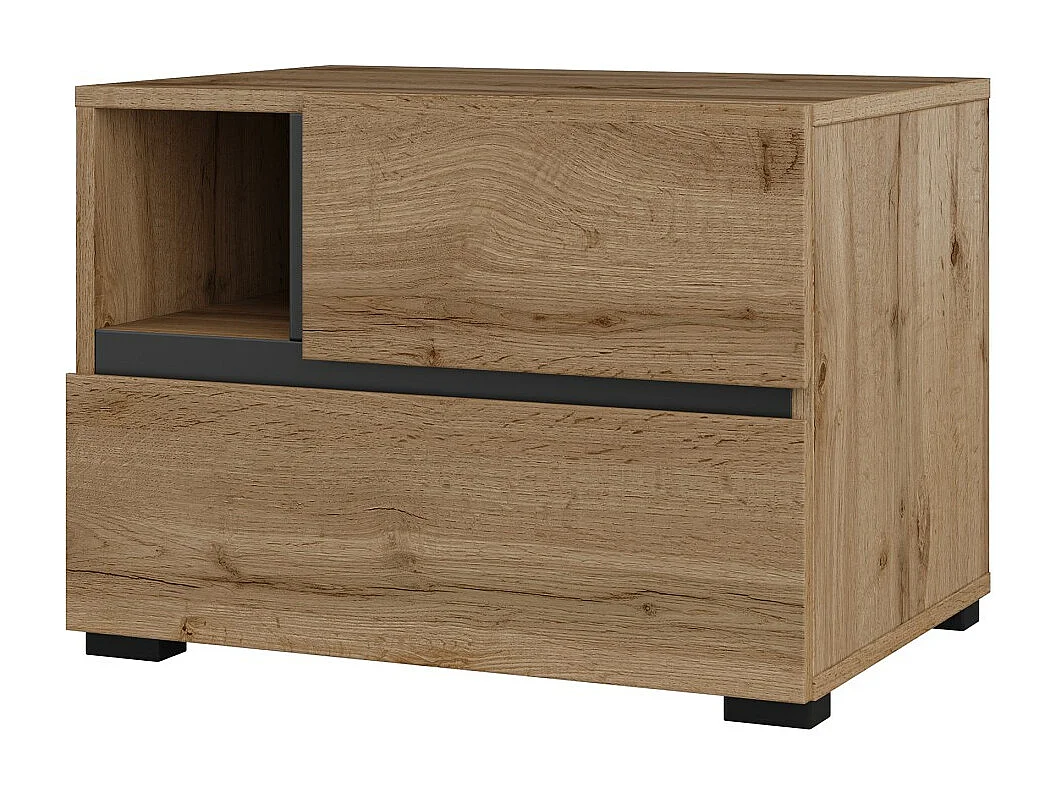 Chambre complète HAVANA chêne et noir – Lit coffre 180x200, armoire 4 portes, chevets et commode