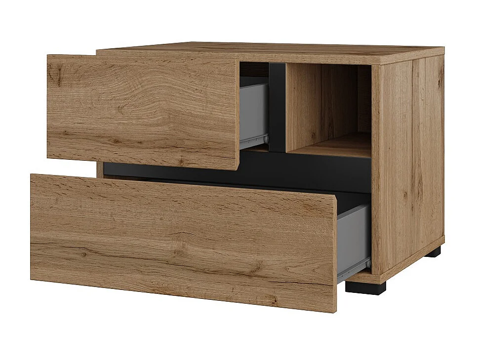 Chambre complète HAVANA chêne et noir – Lit coffre 180x200, armoire 4 portes, chevets et commode