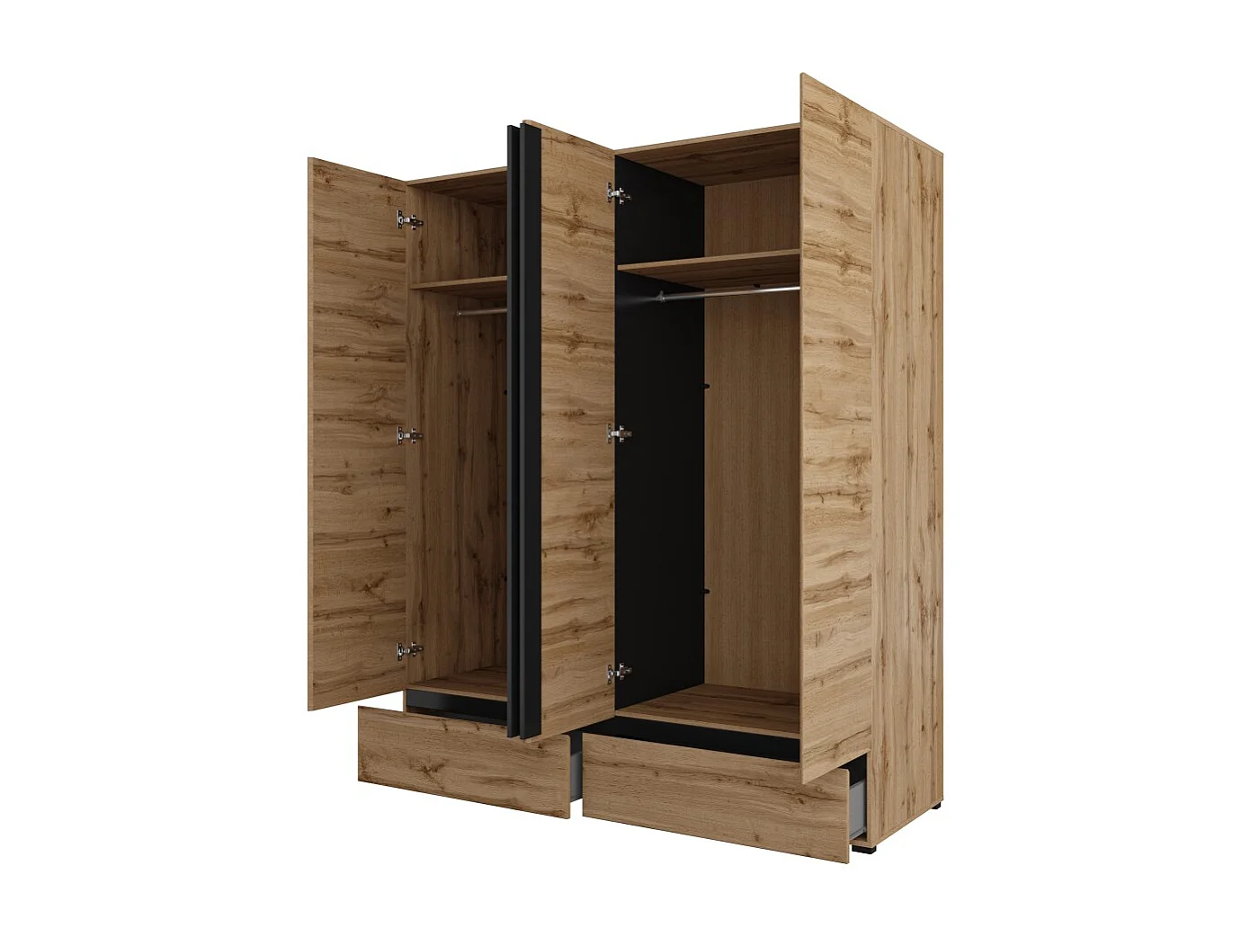 Conjunto completo de dormitorio HAVANA en roble y negro – Cama 180x200, armario de 4 puertas, mesitas de noche y cómoda