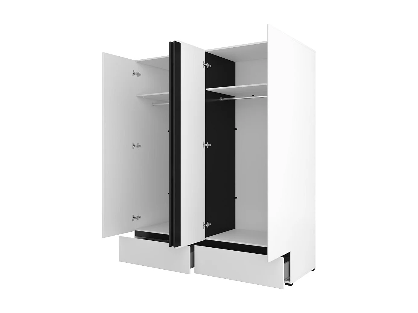 Chambre complète HAVANA blanc et noir – Lit coffre 160x200, armoire 4 portes, chevets et commode