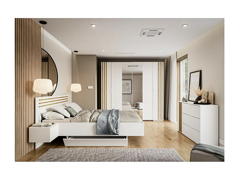 Conjunto Completo de Quarto FLORENCE – Cama 180x200 + estrado + gavetas + armário + cômoda – Branco e carvalho