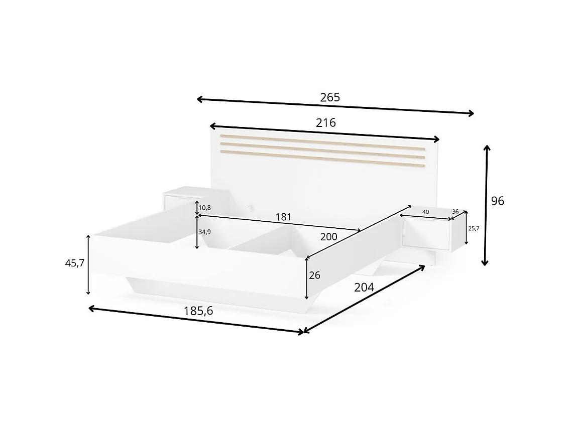 Chambre complète FLORENCE – Lit 180x200 + sommier + tiroirs + armoire + commode – Blanc et chêne