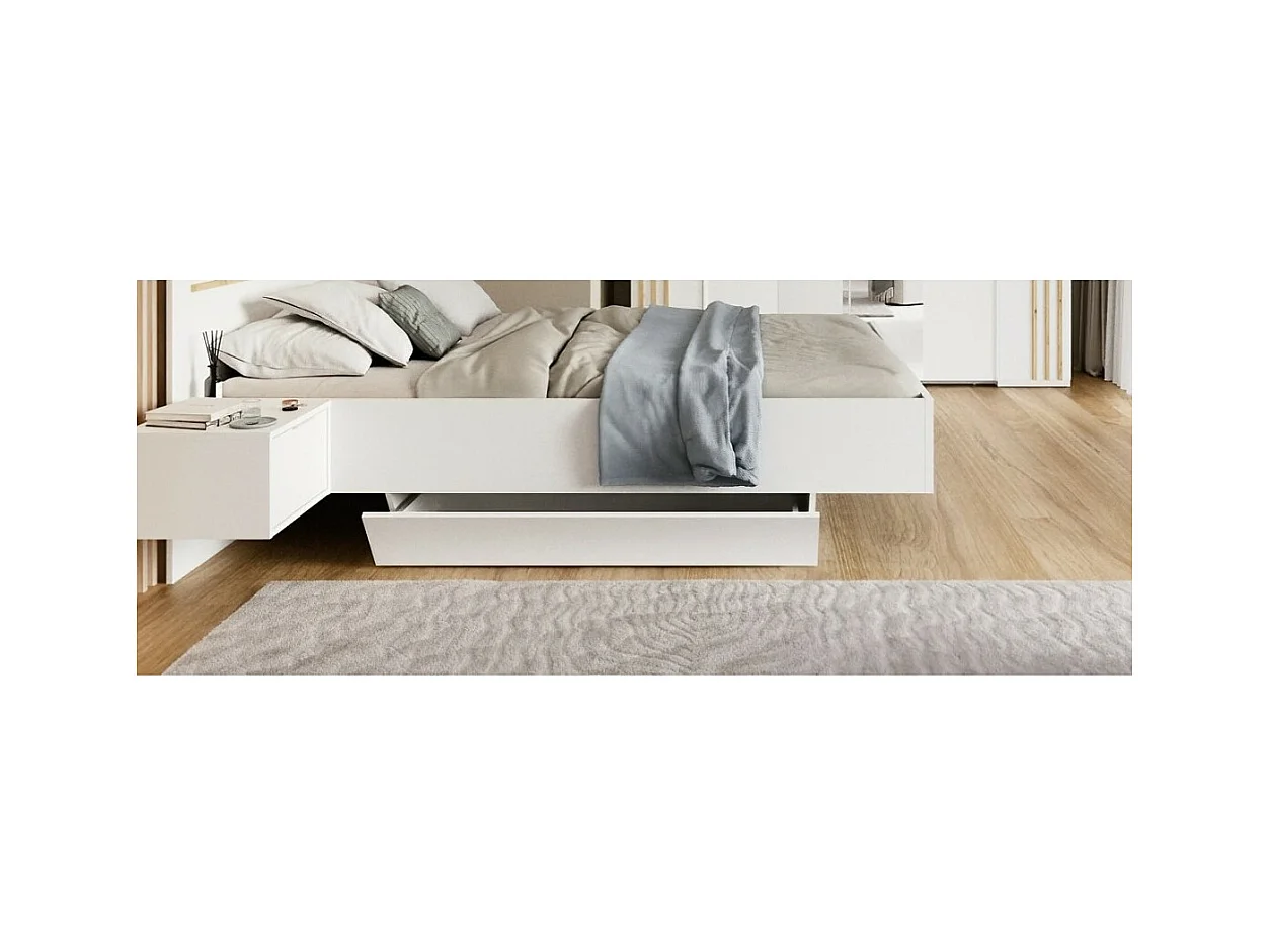 Habitación completa FLORENCIA – Cama 180x200 + somier + cajones + armario + cómoda – Blanco y roble