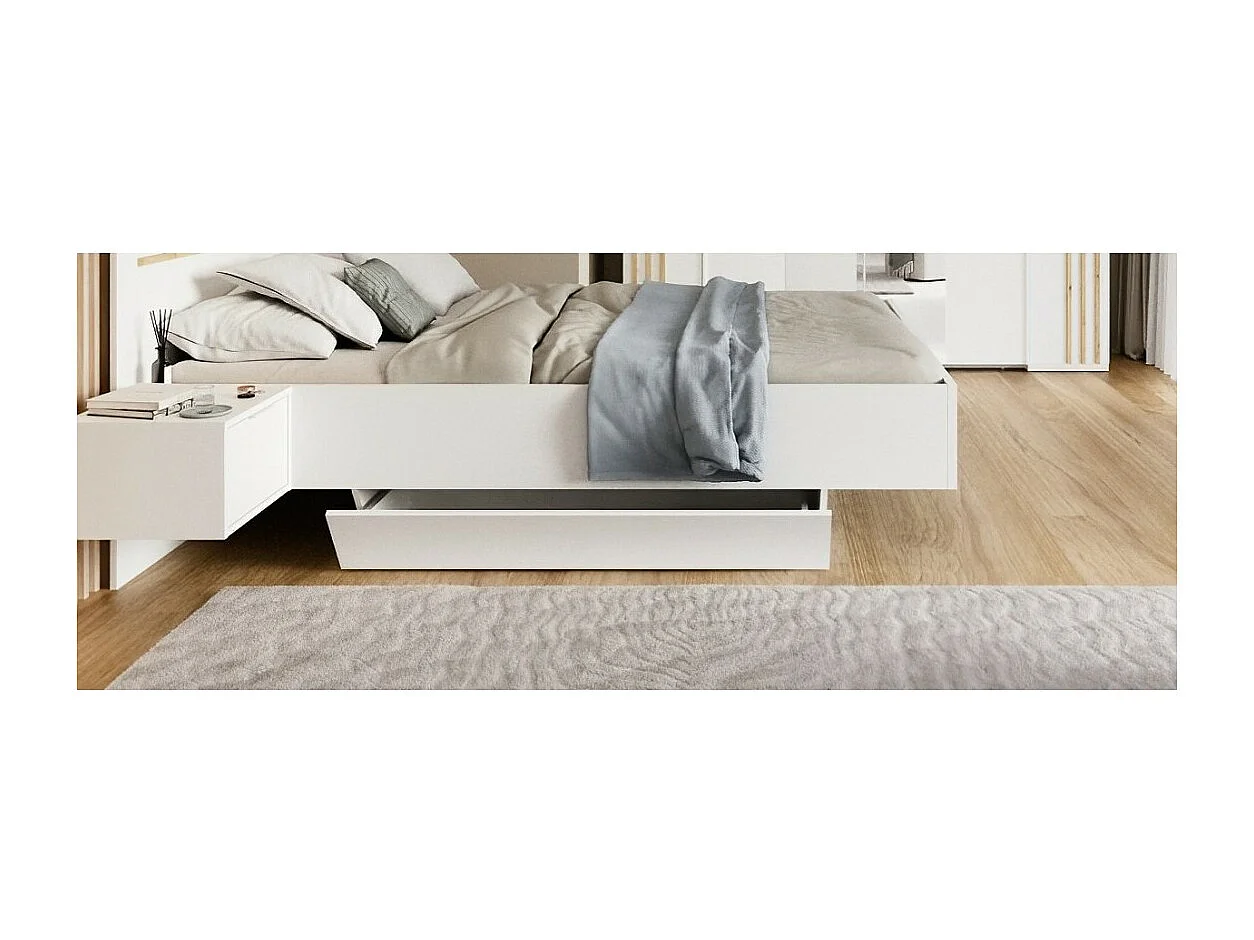 Habitación completa FLORENCIA – Cama 180x200 + somier + cajones + armario + cómoda – Blanco y roble