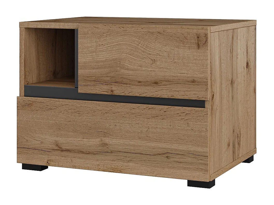 Chambre complète HAVANA chêne et noir – Lit coffre 160x200, armoire 4 portes, chevets et commode