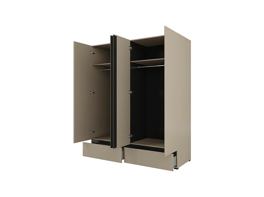 Chambre HAVANA complète beige et noir avec lit coffre 160x200, armoire 4 portes, commode et chevets