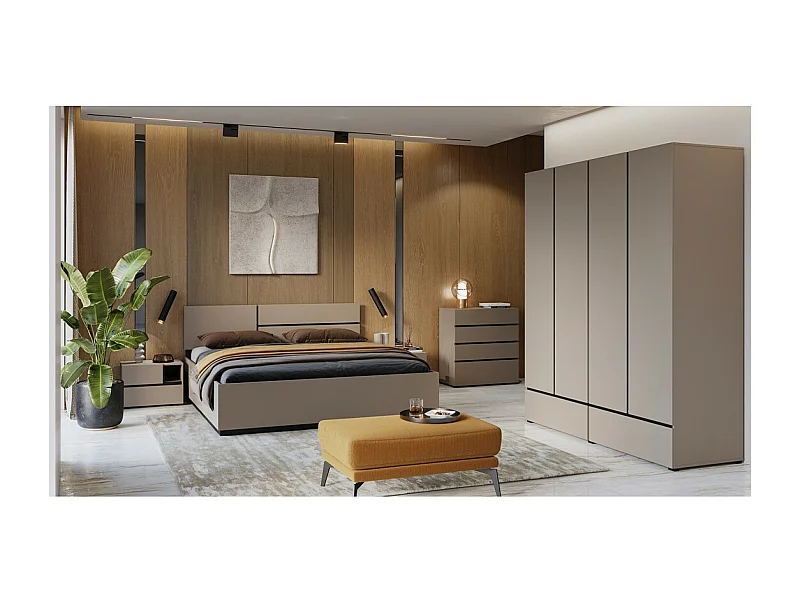 Habitación HAVANA completa en beige y negro con cama baúl 160x200, armario de 4 puertas, cómoda y mesitas de noche.