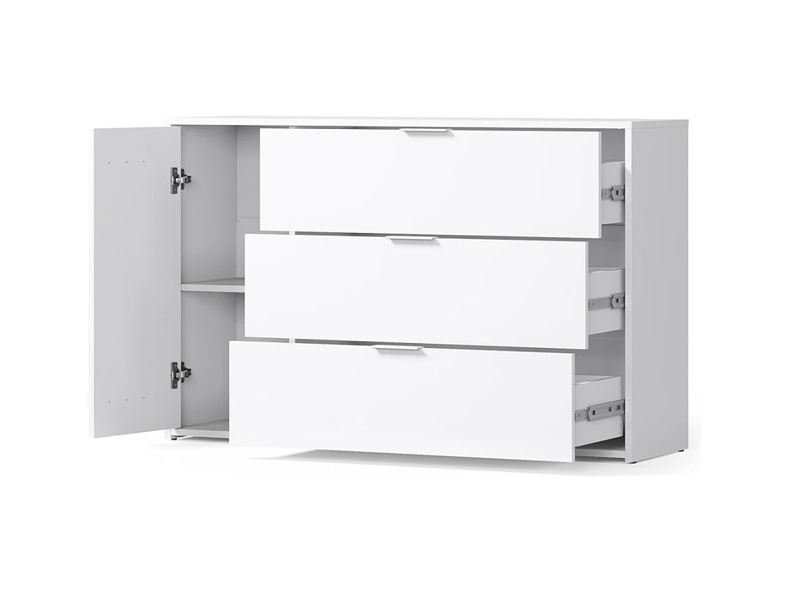 Chambre complète FLORENCE – Lit 160x200 + sommier + tiroirs + armoire + commode – Blanc et chêne