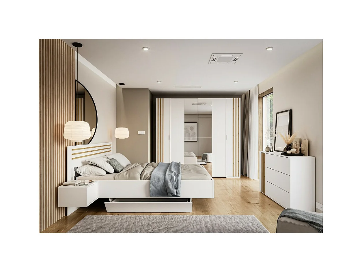 Chambre complète FLORENCE – Lit 160x200 + sommier + tiroirs + armoire + commode – Blanc et chêne