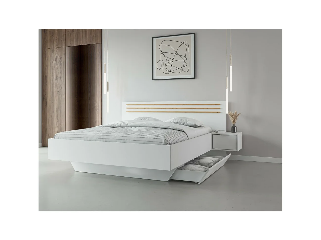 Habitación completa FLORENCE – Cama 160x200 + somier + cajones + armario + cómoda – Blanco y roble