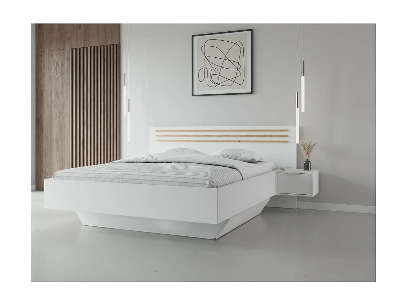 Habitación completa FLORENCE – Cama 160x200 + somier + cajones + armario + cómoda – Blanco y roble