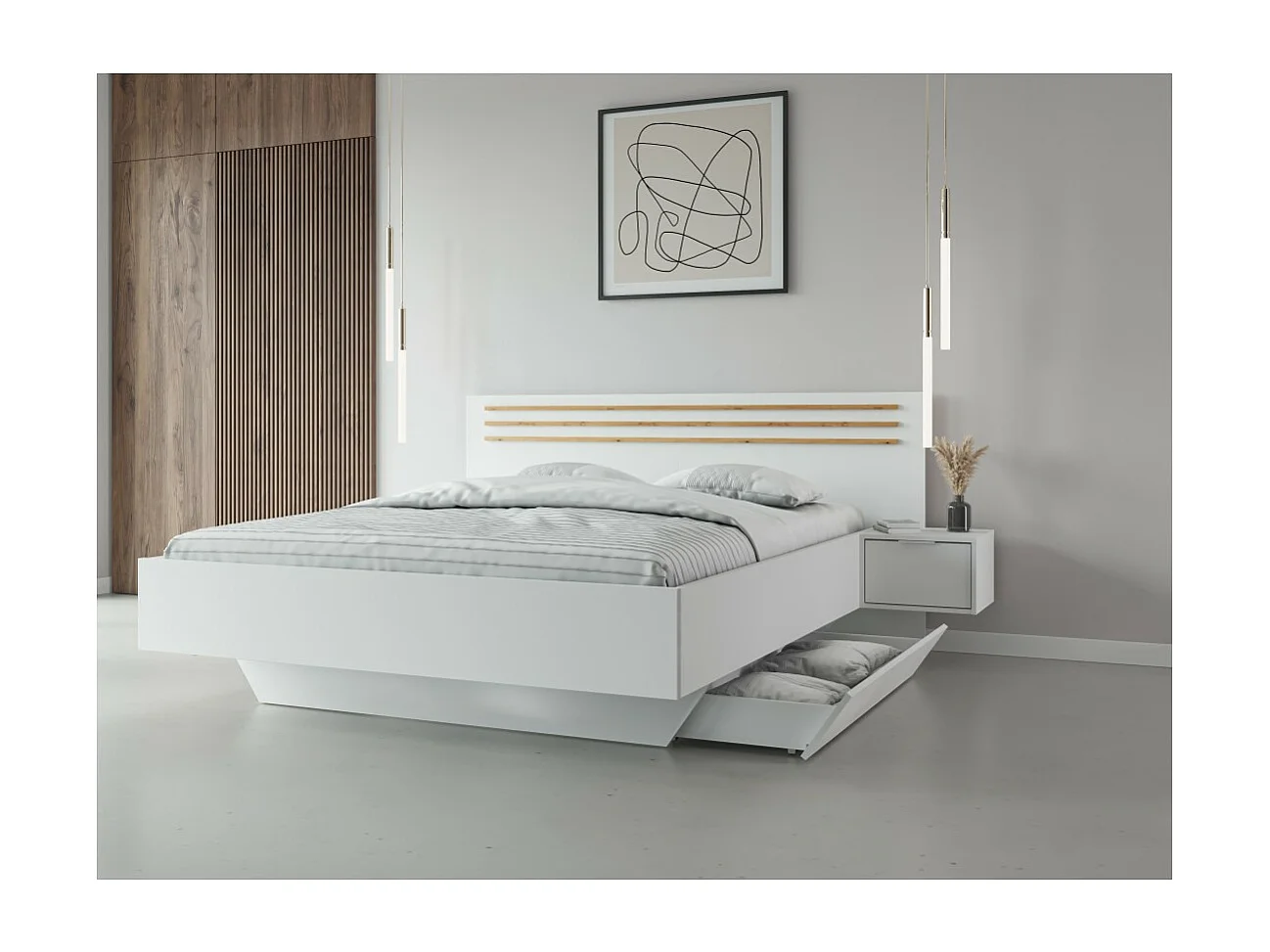 Habitación completa FLORENCE – Cama 160x200 + somier + cajones + armario + cómoda – Blanco y roble