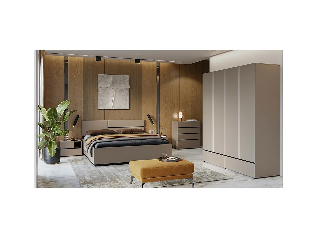 Chambre complète HAVANA beige et noir – Lit coffre 180x200, armoire 4 portes, chevets et commode