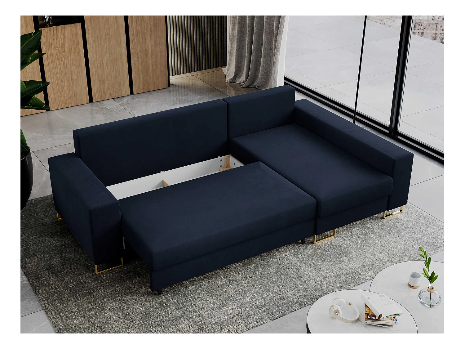 Ecksofa DORIAN - schlaffunktion und Bettkasten, lose Kissen - Dunkelblau Velvet