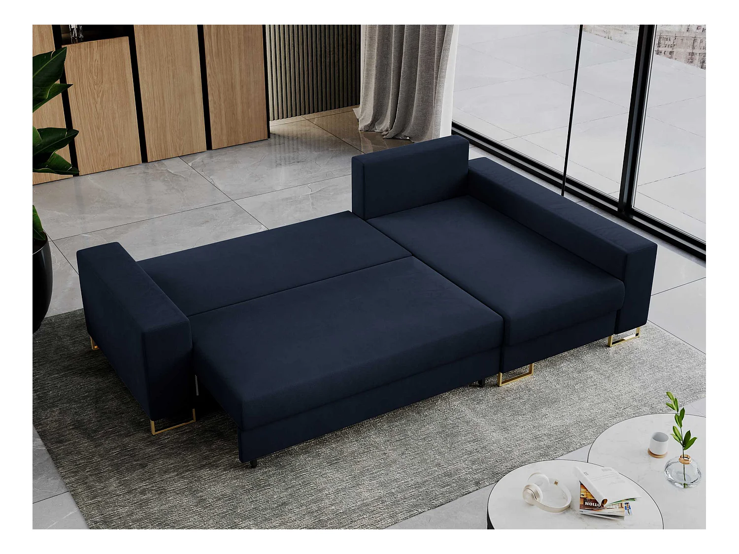 Ecksofa DORIAN - schlaffunktion und Bettkasten, lose Kissen - Dunkelblau Velvet