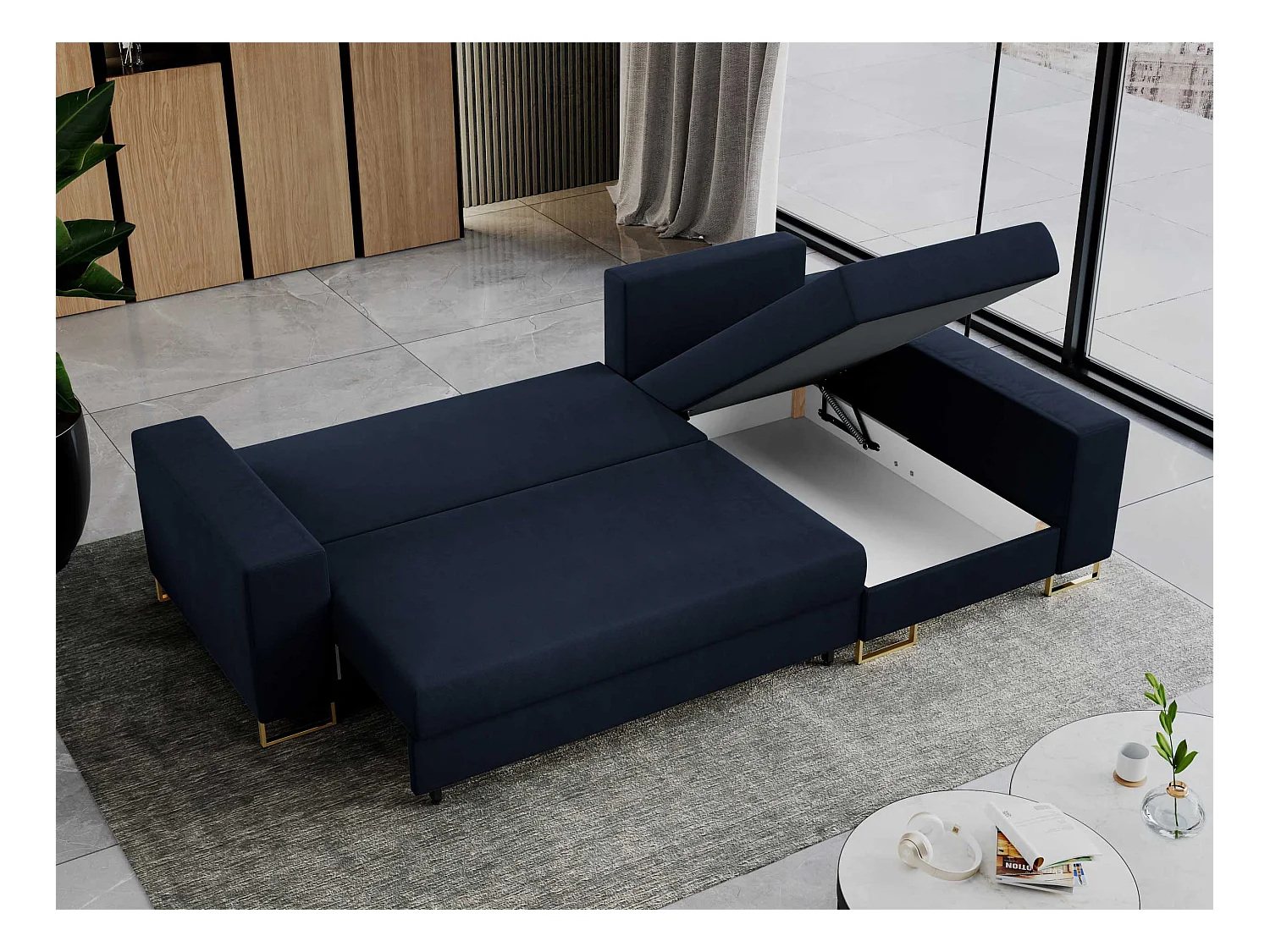 Ecksofa DORIAN - schlaffunktion und Bettkasten, lose Kissen - Dunkelblau Velvet