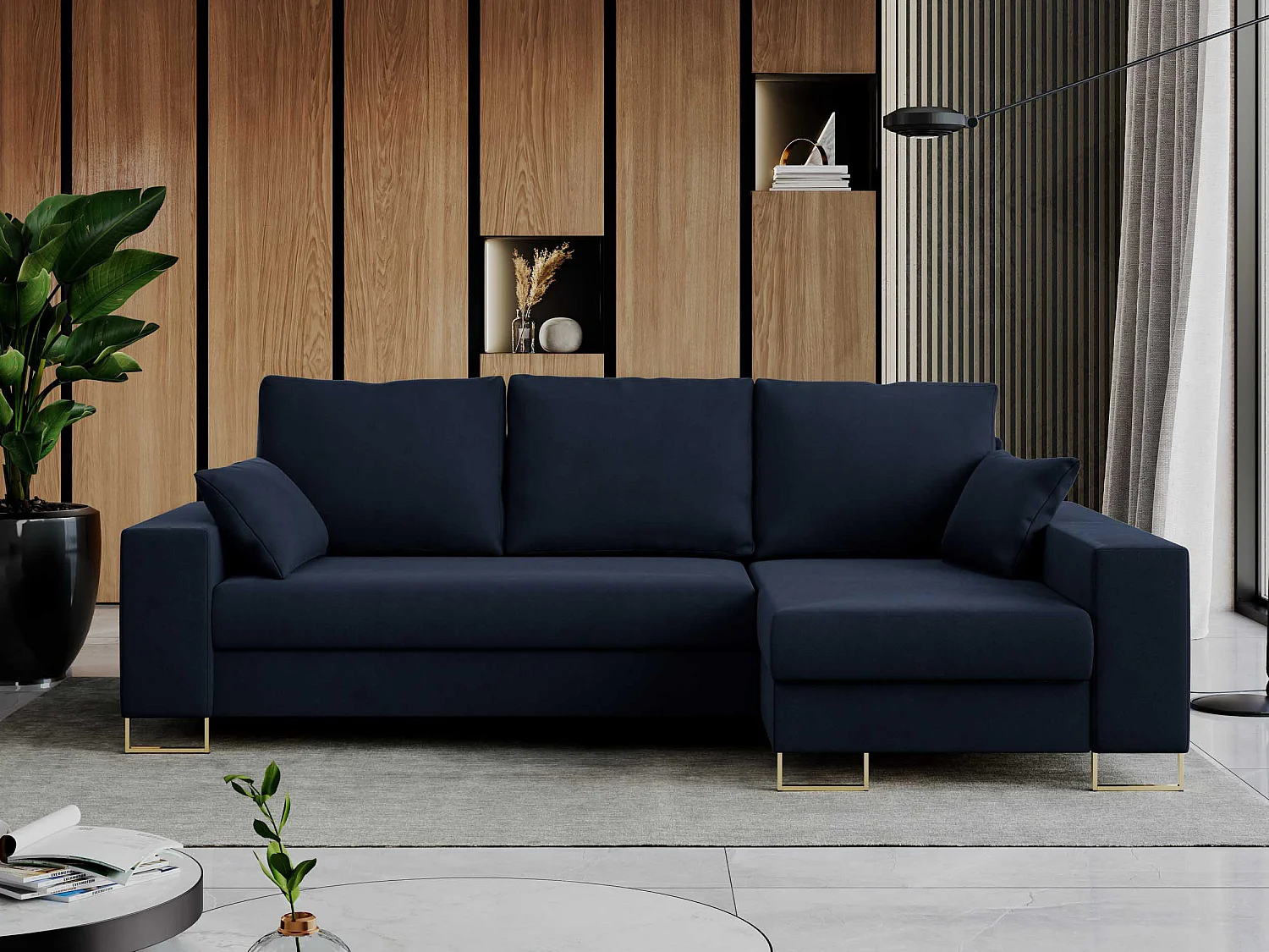 Ecksofa DORIAN - schlaffunktion und Bettkasten, lose Kissen - Dunkelblau Velvet