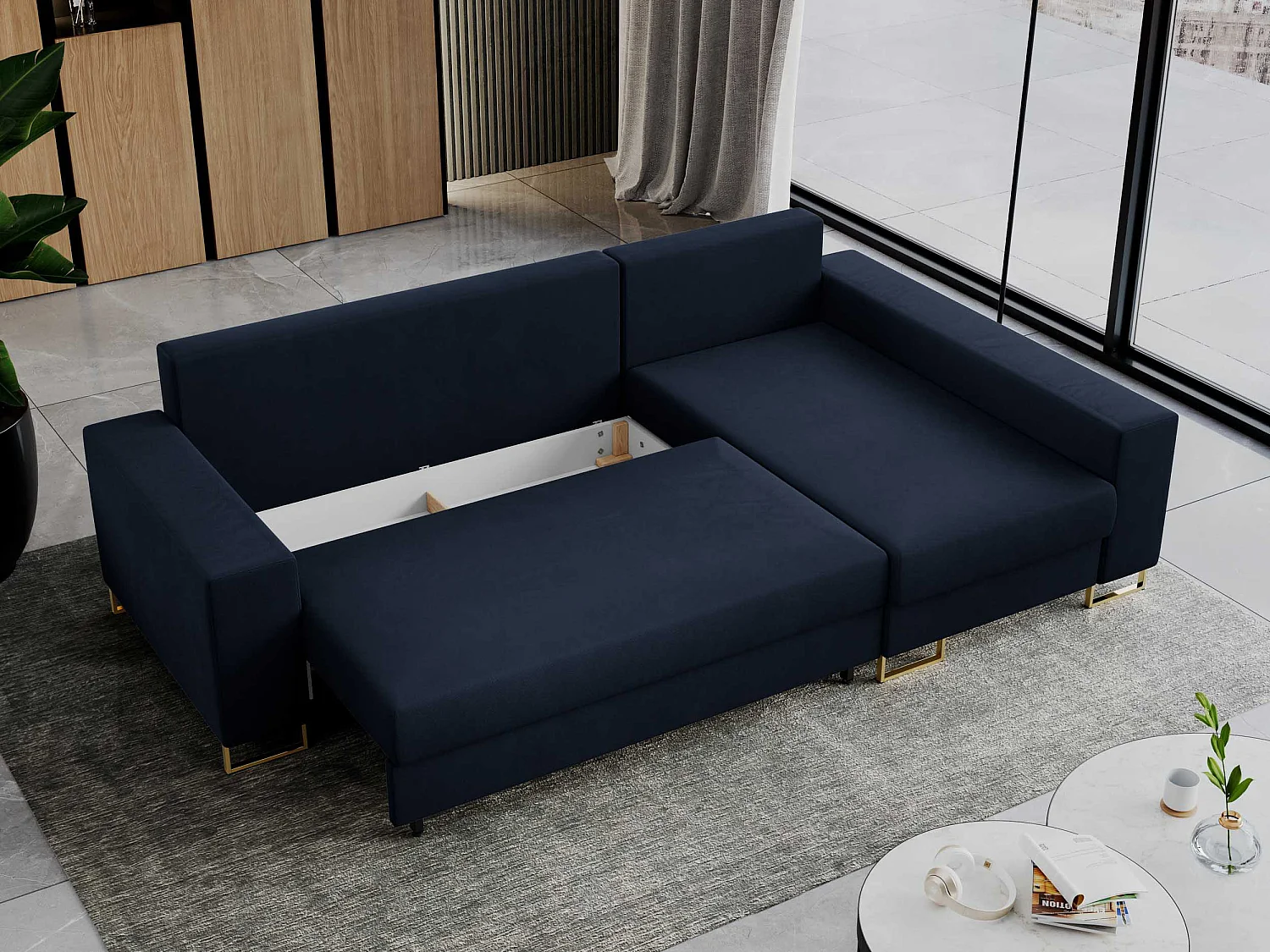 Ecksofa DORIAN - schlaffunktion und Bettkasten, lose Kissen - Dunkelblau Velvet