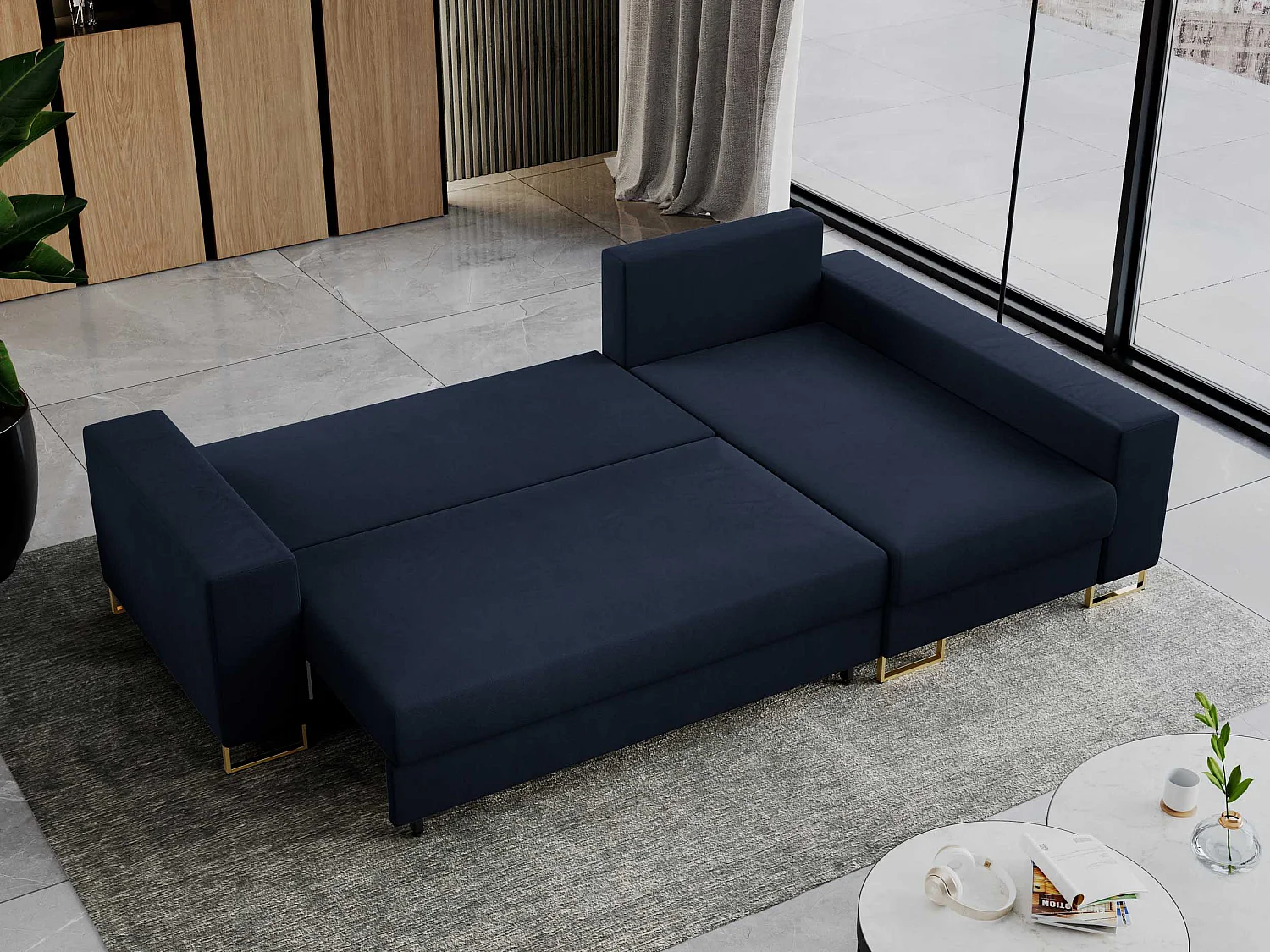 Ecksofa DORIAN - schlaffunktion und Bettkasten, lose Kissen - Dunkelblau Velvet