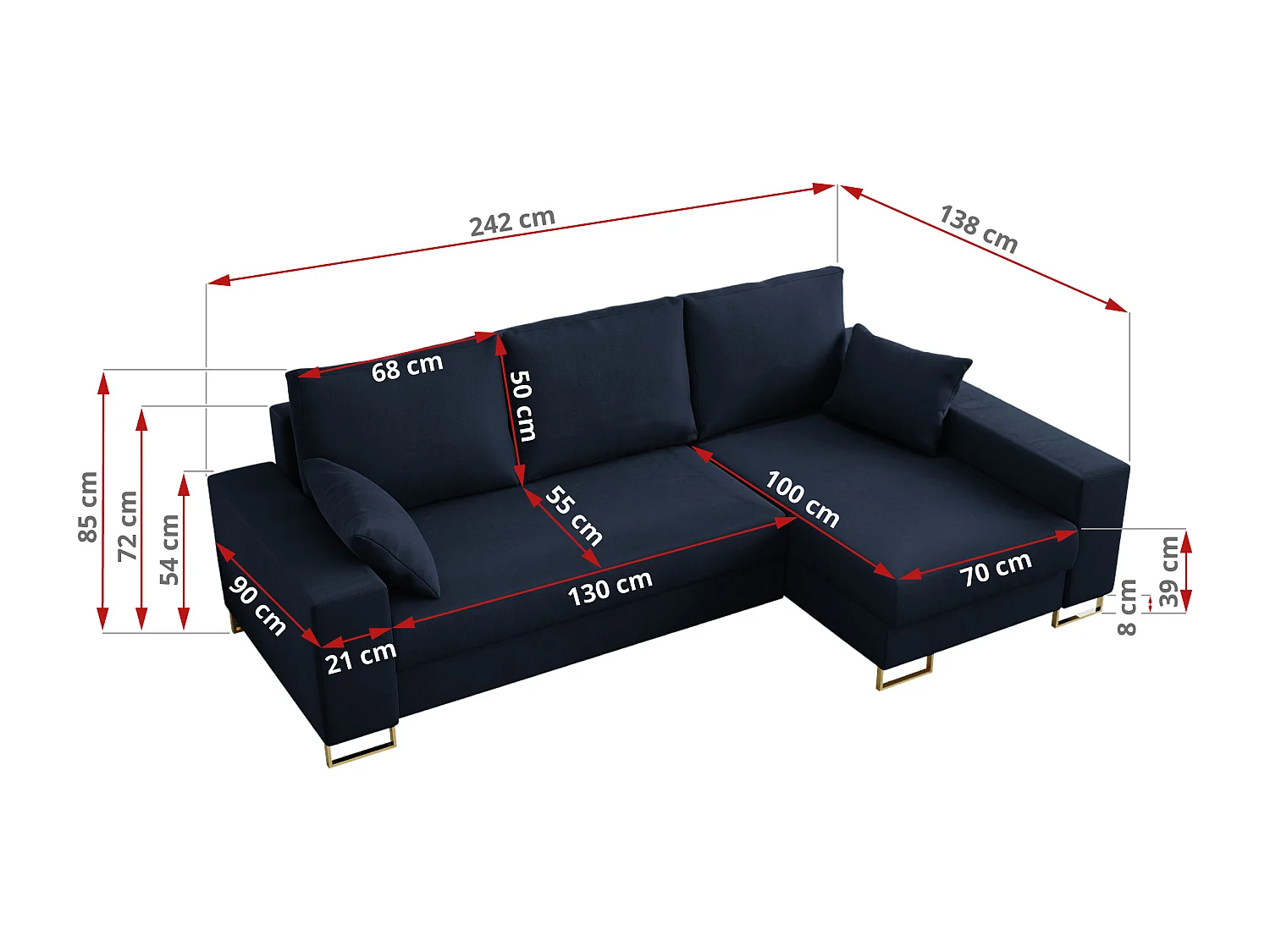 Ecksofa DORIAN - schlaffunktion und Bettkasten, lose Kissen - Dunkelblau Velvet
