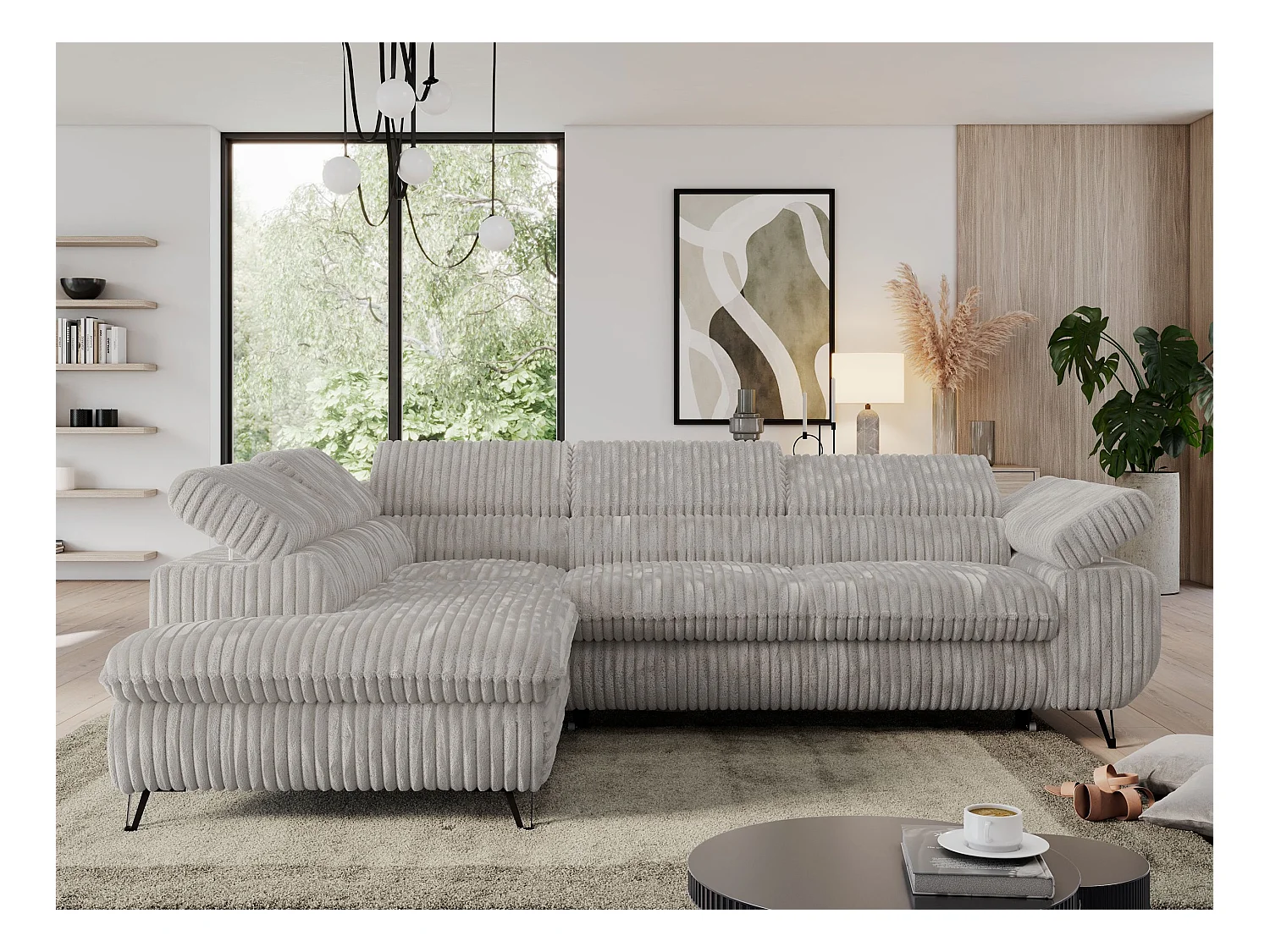 Ecksofa PEDRO - L-Form mit Schlaffunktion 200x125 cm, verstellbaren Kopfstützen - Hellgrau Cord - Ecke Links