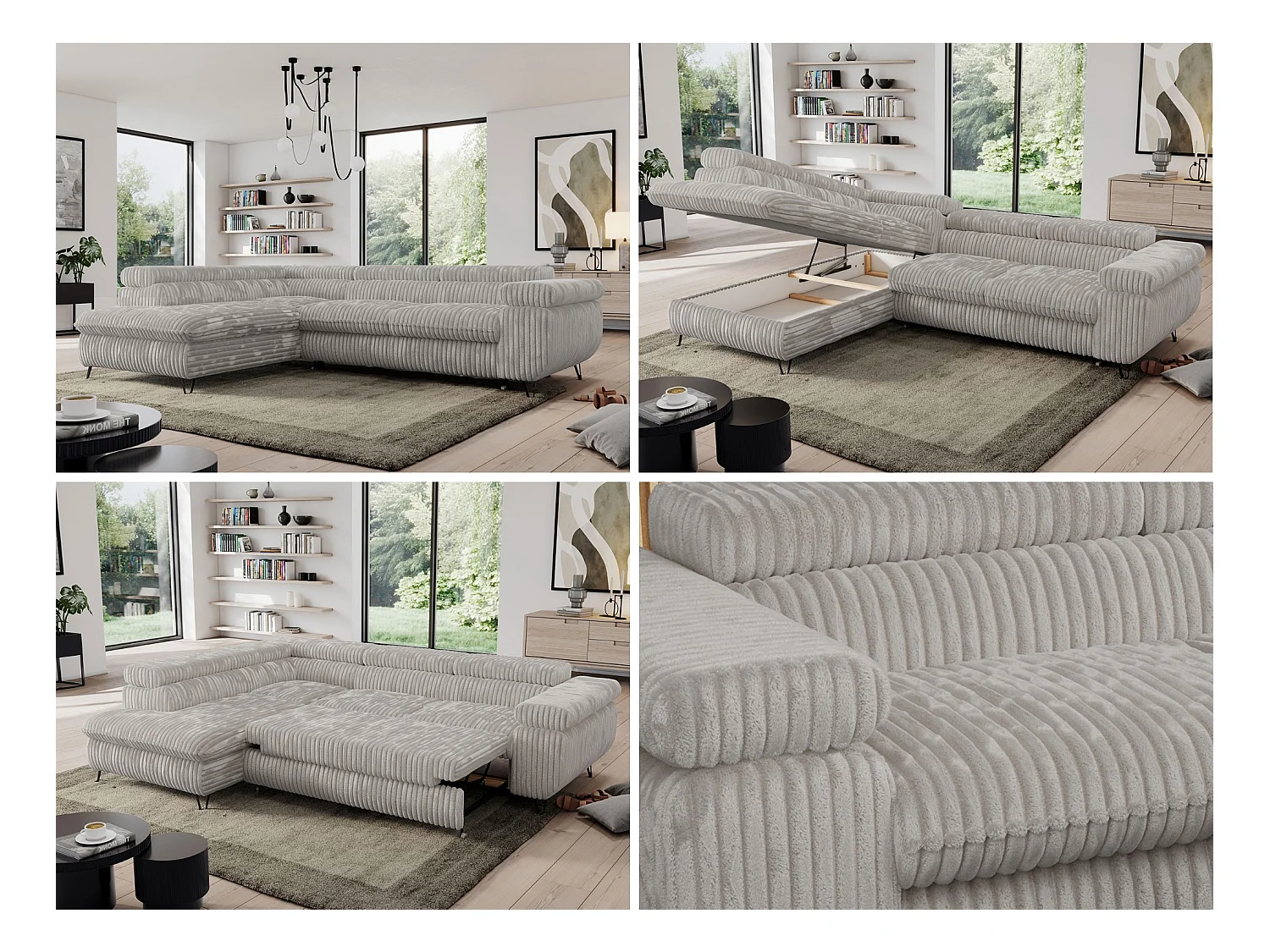 Ecksofa PEDRO - L-Form mit Schlaffunktion 200x125 cm, verstellbaren Kopfstützen - Hellgrau Cord - Ecke Links