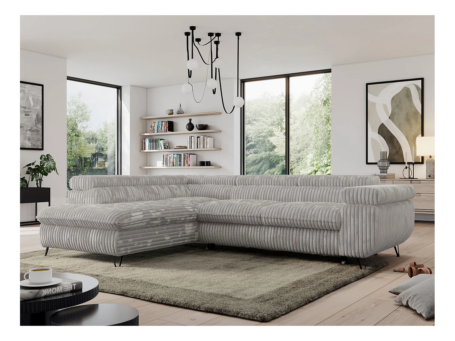 Ecksofa PEDRO - L-Form mit Schlaffunktion 200x125 cm, verstellbaren Kopfstützen - Hellgrau Cord - Ecke Links