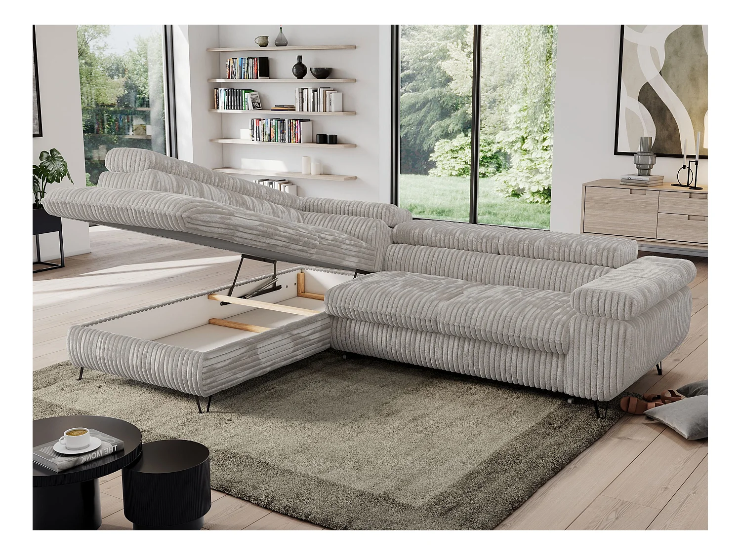 Ecksofa PEDRO - L-Form mit Schlaffunktion 200x125 cm, verstellbaren Kopfstützen - Hellgrau Cord - Ecke Links