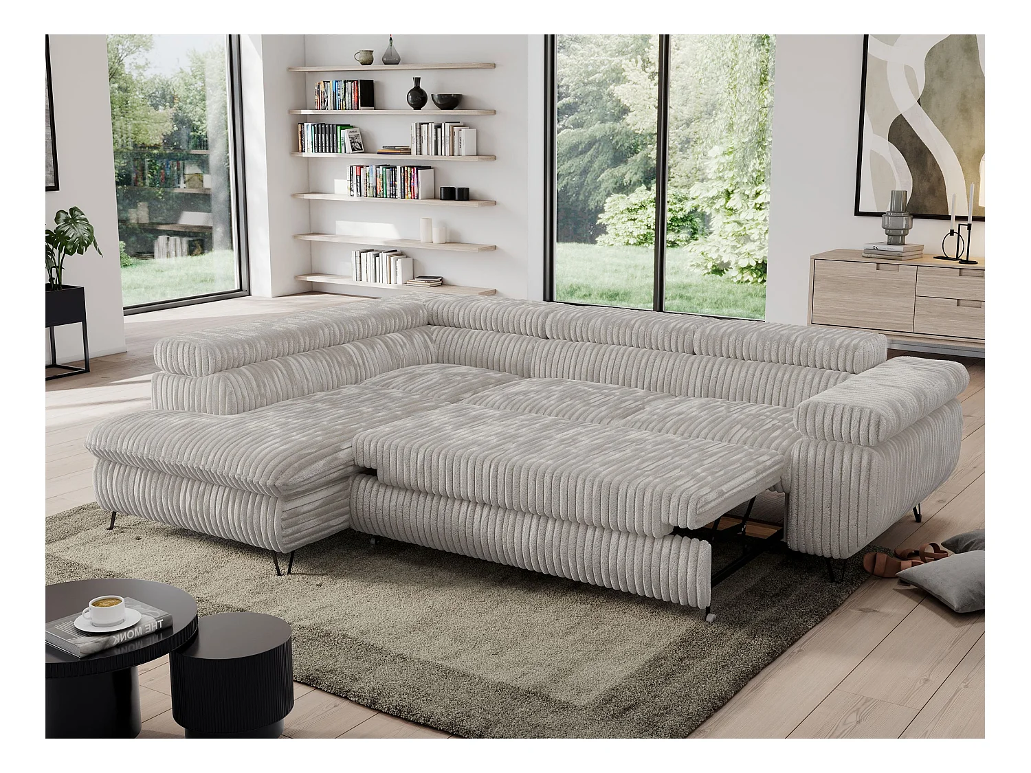 Ecksofa PEDRO - L-Form mit Schlaffunktion 200x125 cm, verstellbaren Kopfstützen - Hellgrau Cord - Ecke Links