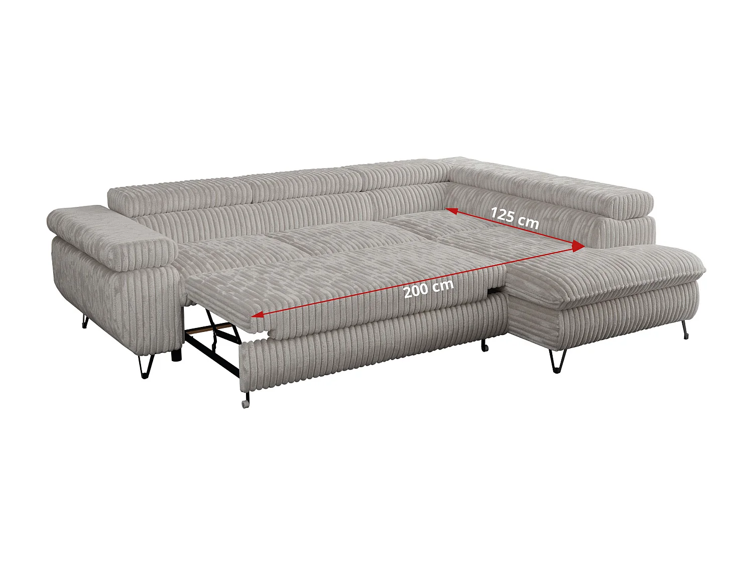 Ecksofa PEDRO - L-Form mit Schlaffunktion 200x125 cm, verstellbaren Kopfstützen - Hellgrau Cord - Ecke Links
