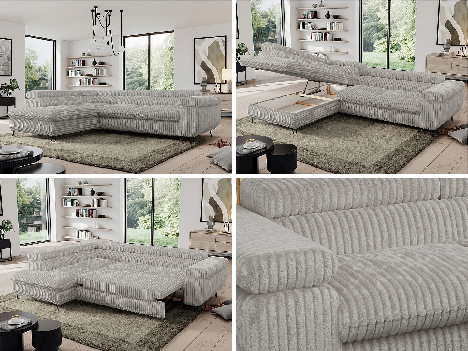 Ecksofa PEDRO - L-Form mit Schlaffunktion 200x125 cm, verstellbaren Kopfstützen - Hellgrau Cord - Ecke Links