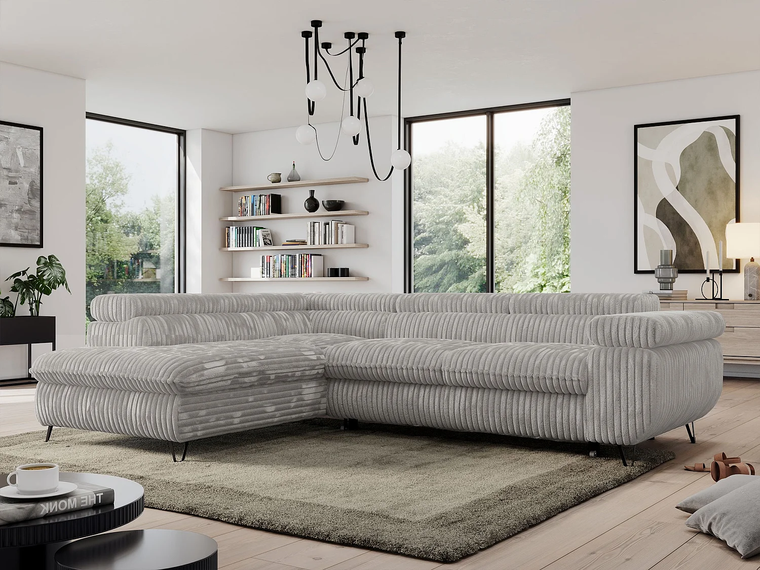 Ecksofa PEDRO - L-Form mit Schlaffunktion 200x125 cm, verstellbaren Kopfstützen - Hellgrau Cord - Ecke Links