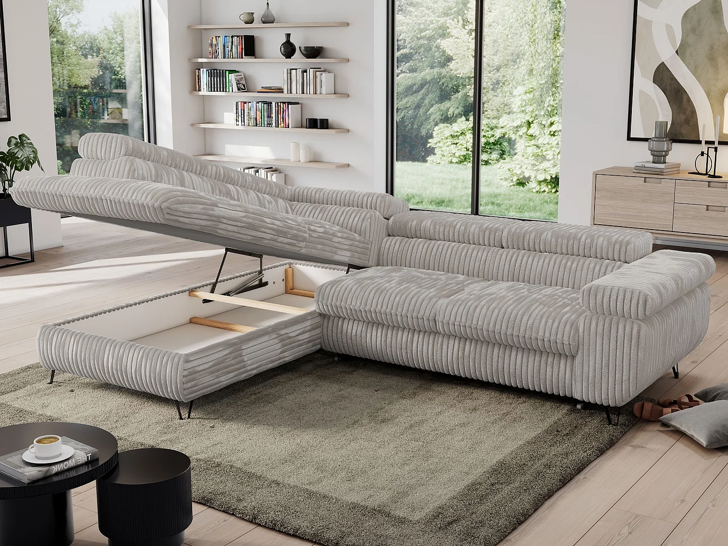 Ecksofa PEDRO - L-Form mit Schlaffunktion 200x125 cm, verstellbaren Kopfstützen - Hellgrau Cord - Ecke Links