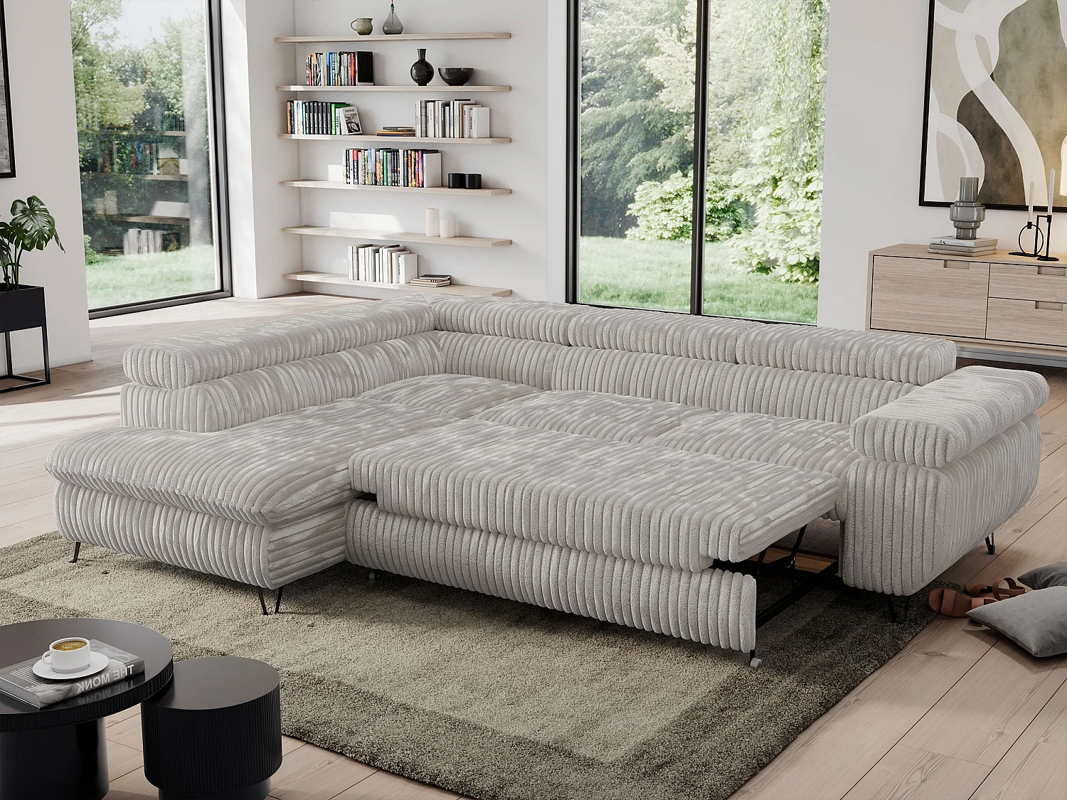Ecksofa PEDRO - L-Form mit Schlaffunktion 200x125 cm, verstellbaren Kopfstützen - Hellgrau Cord - Ecke Links