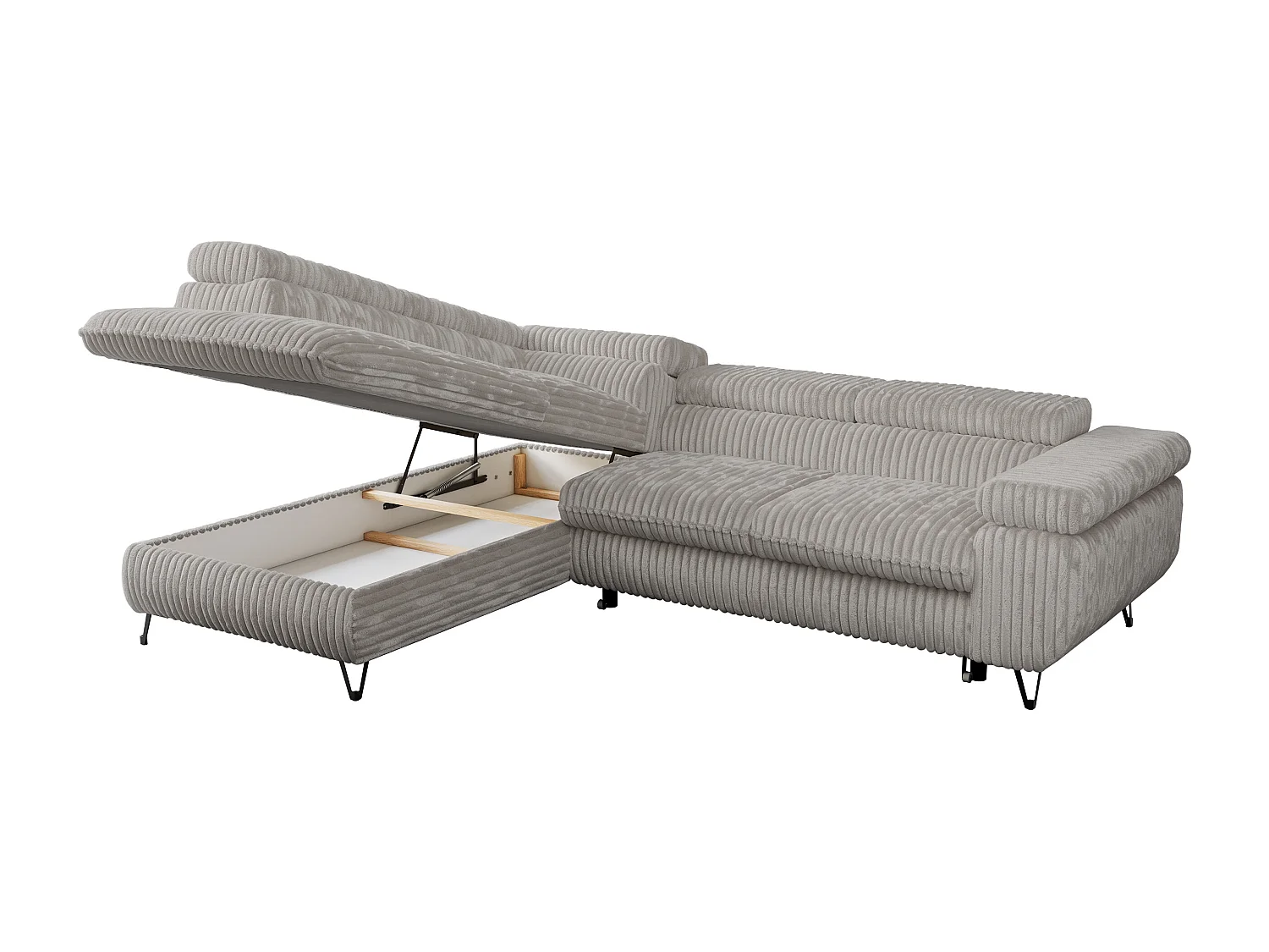 Ecksofa PEDRO - L-Form mit Schlaffunktion 200x125 cm, verstellbaren Kopfstützen - Hellgrau Cord - Ecke Links