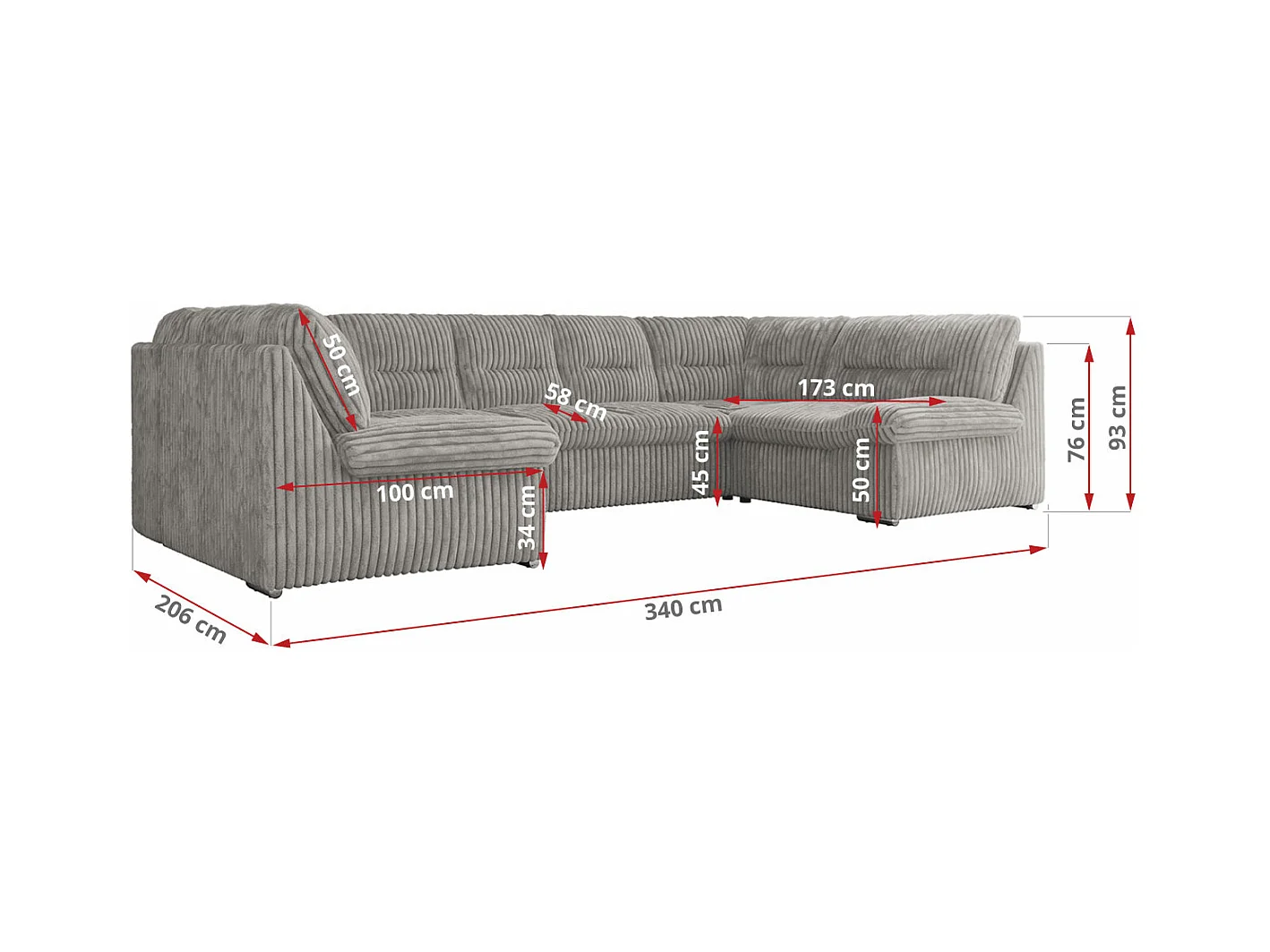 Ecksofa MORBIDO U, XXL Wohnlandschaft mit schlaffunktion - Hellgrau Cord