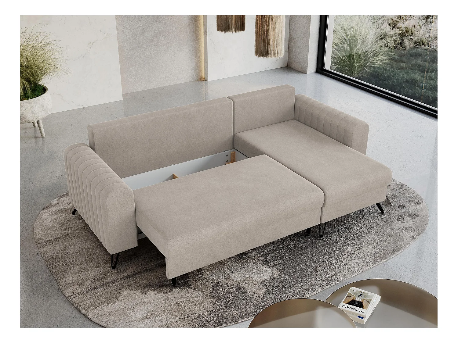 Ecksofa AXEL - universal mit schlaffunktion, Bettkasten - Milchig Velvet