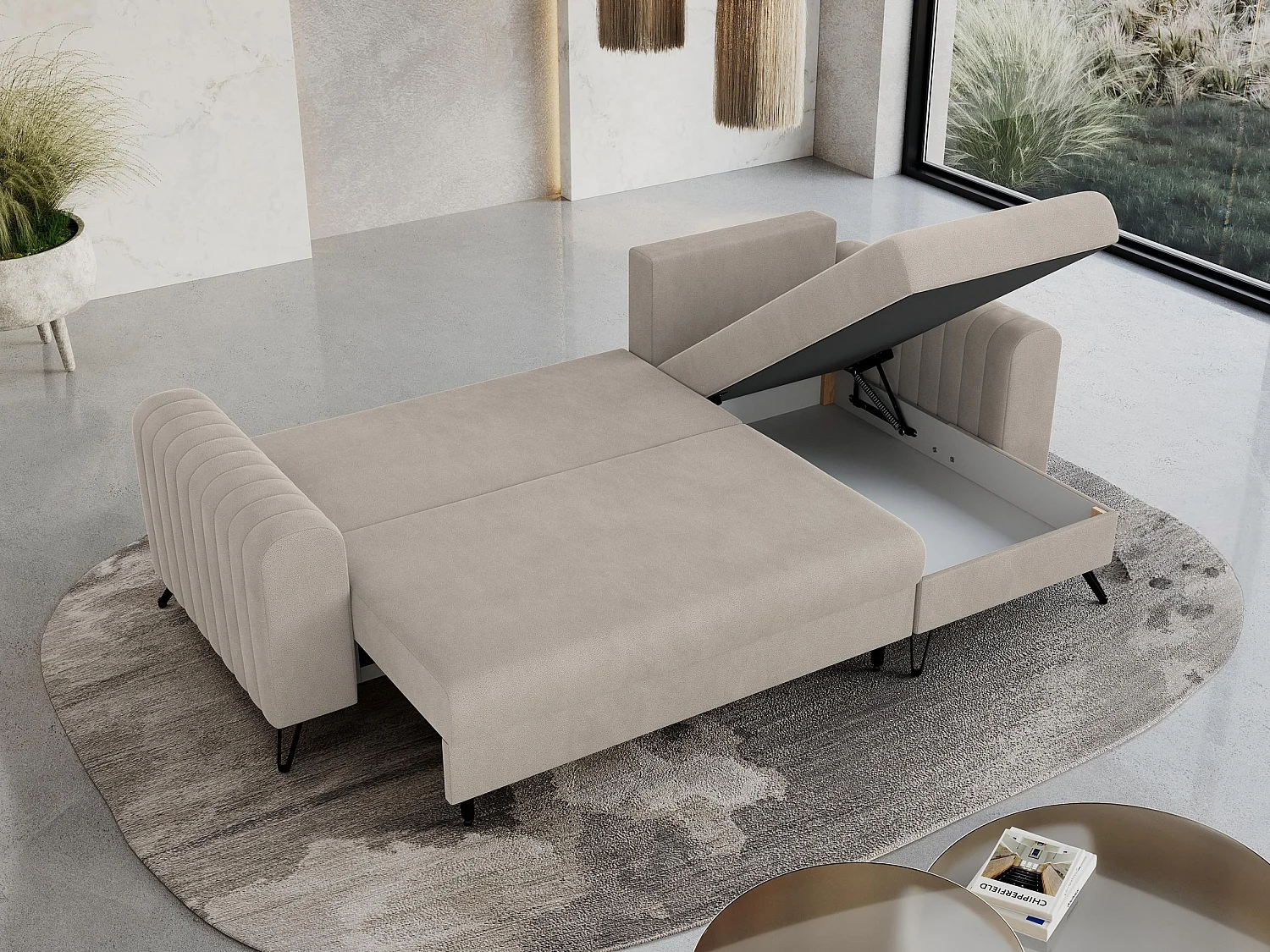 Ecksofa AXEL - universal mit schlaffunktion, Bettkasten - Milchig Velvet