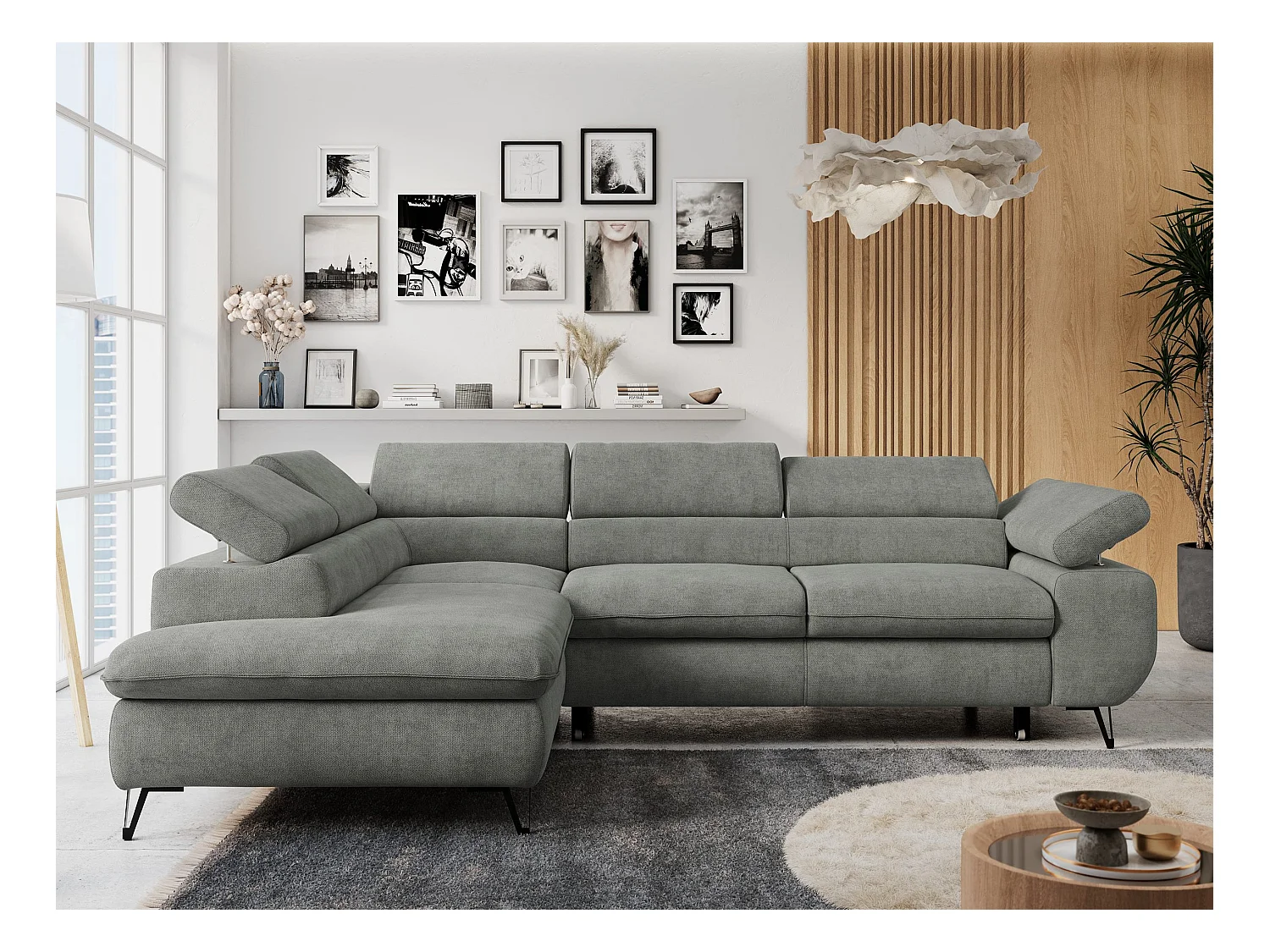 Ecksofa PETER verstellbare Kopfstütze, schlaffunktion - Grau Stukture - Ecke Links