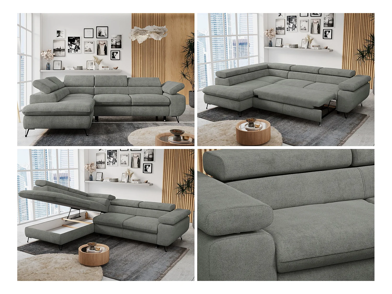 Ecksofa PETER verstellbare Kopfstütze, schlaffunktion - Grau Stukture - Ecke Links