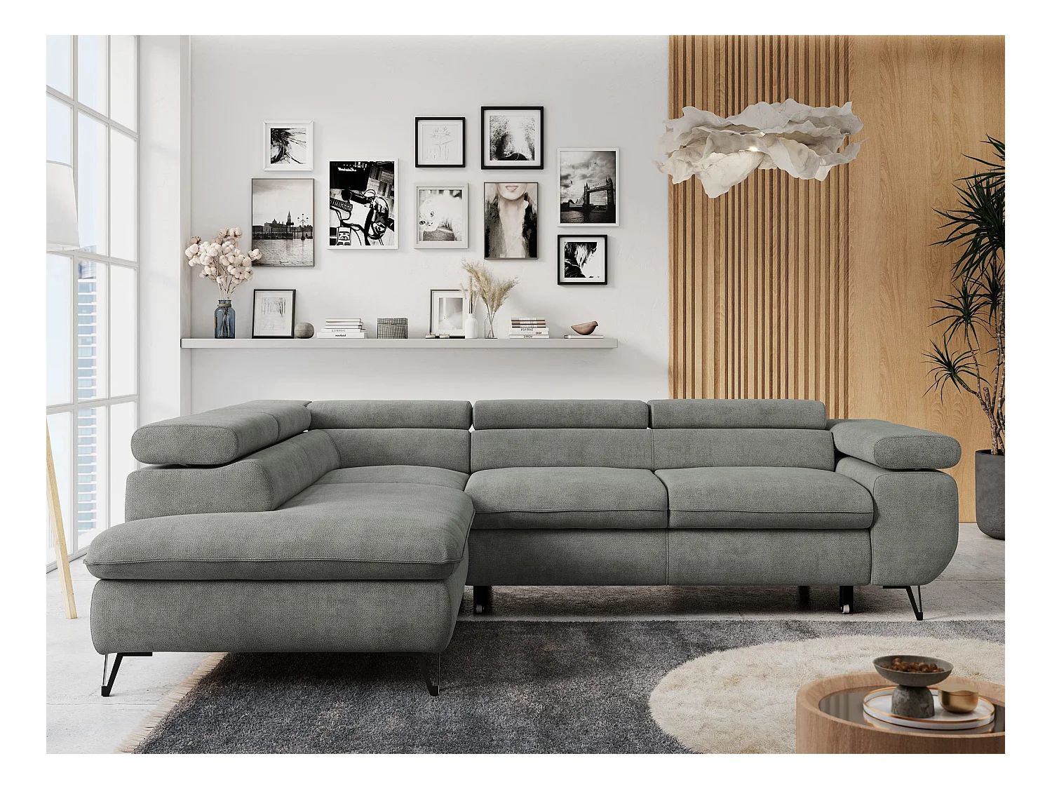 Ecksofa PETER verstellbare Kopfstütze, schlaffunktion - Grau Stukture - Ecke Links