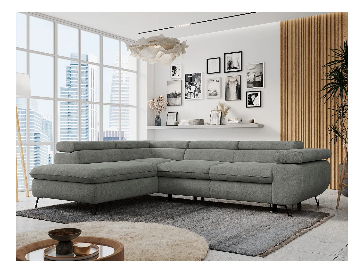 Ecksofa PETER verstellbare Kopfstütze, schlaffunktion - Grau Stukture - Ecke Links